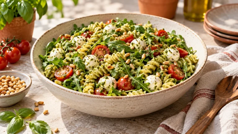 Nudelsalat mit Pesto, Tomaten, Mozzarella und Rucola