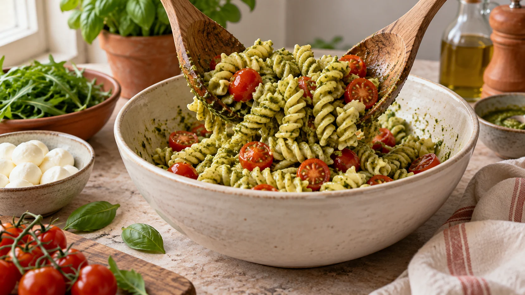 Fusilli und Kirschtomaten werden mit Basilikumpesto vermischt