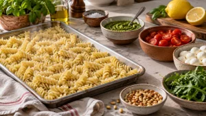 Gekochte Fusilli kühlen auf einem Blech neben den Zutaten für Pesto-Nudelsalat ab