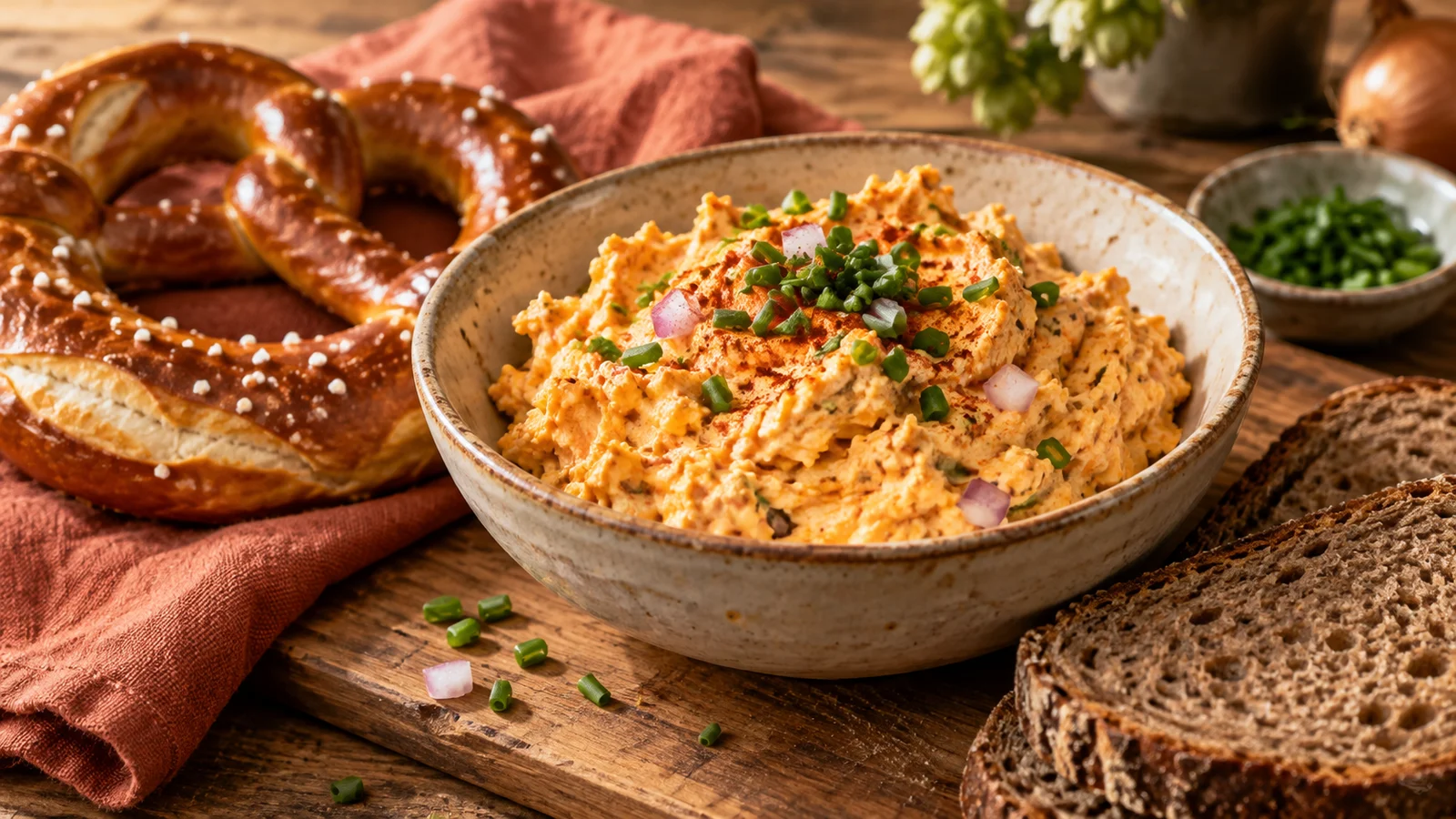 Cremiger Obatzda mit Brezel und Brot in einer Schüssel