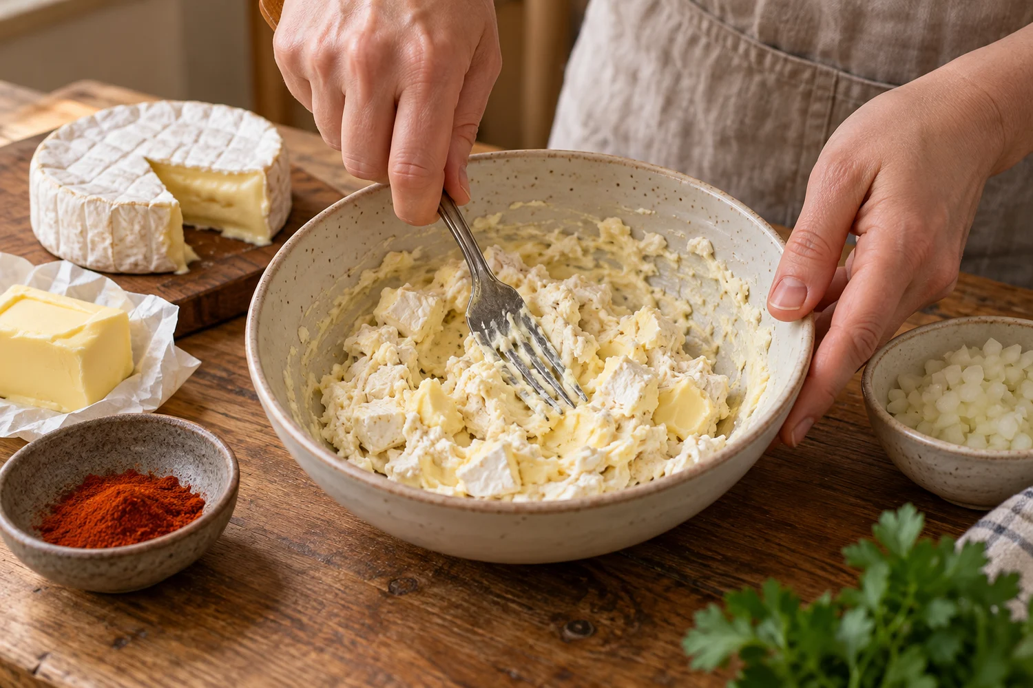 Camembert und weiche Butter werden mit einer Gabel vermengt