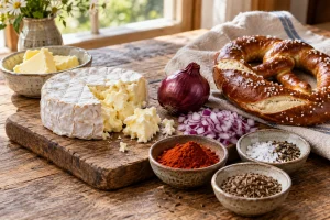 Camembert, Butter, Zwiebel und Paprikapulver für Obatzda