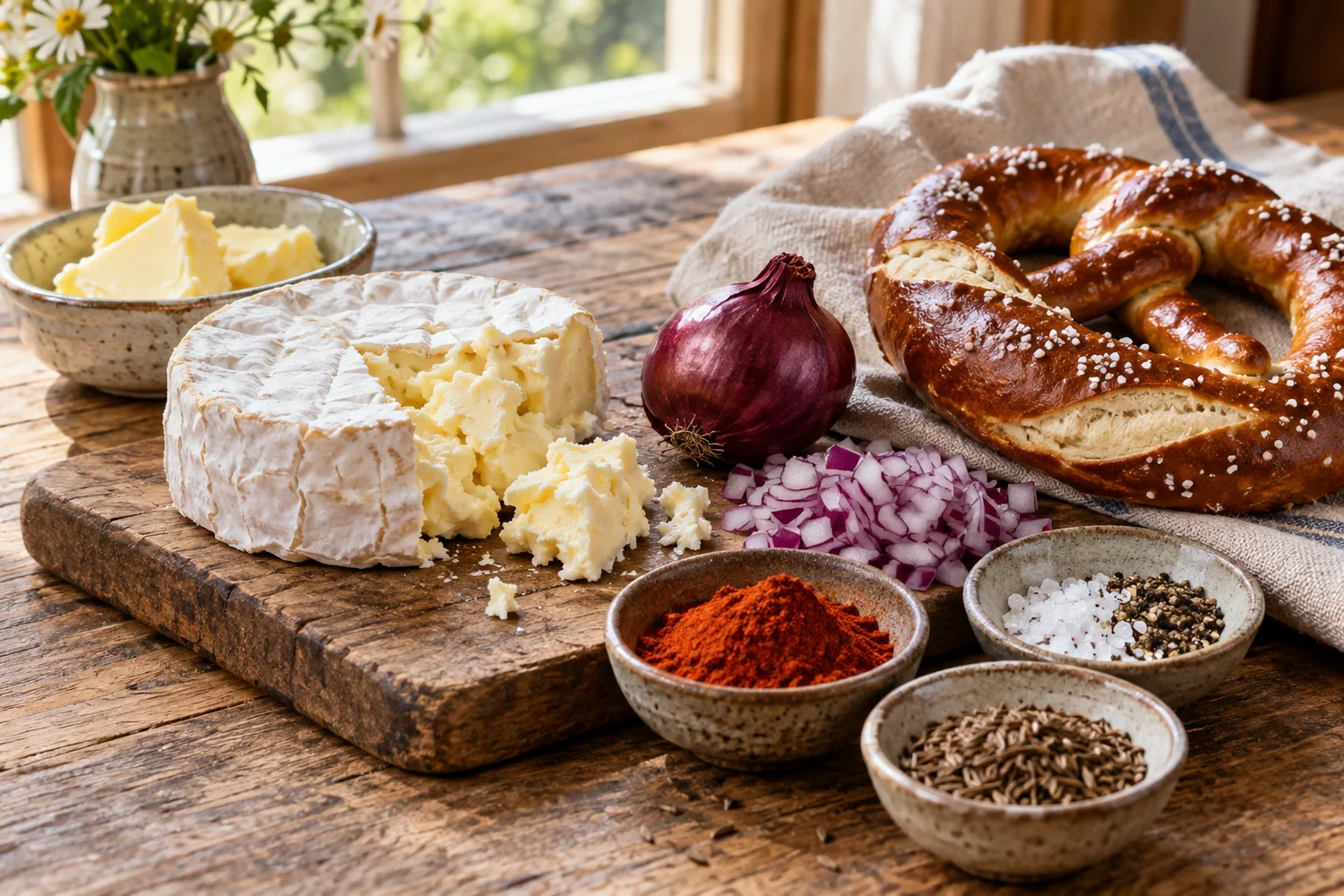 Camembert, Butter, Zwiebel und Paprikapulver für Obatzda