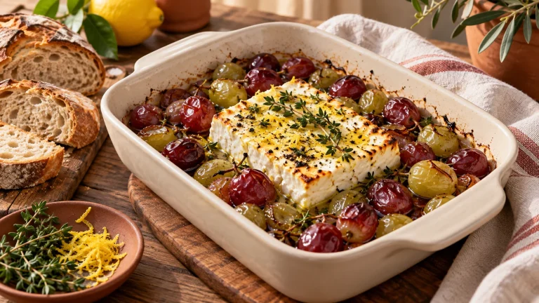 Ofen-Feta mit gerösteten Weintrauben, Thymian und Brot in einer hellen Auflaufform