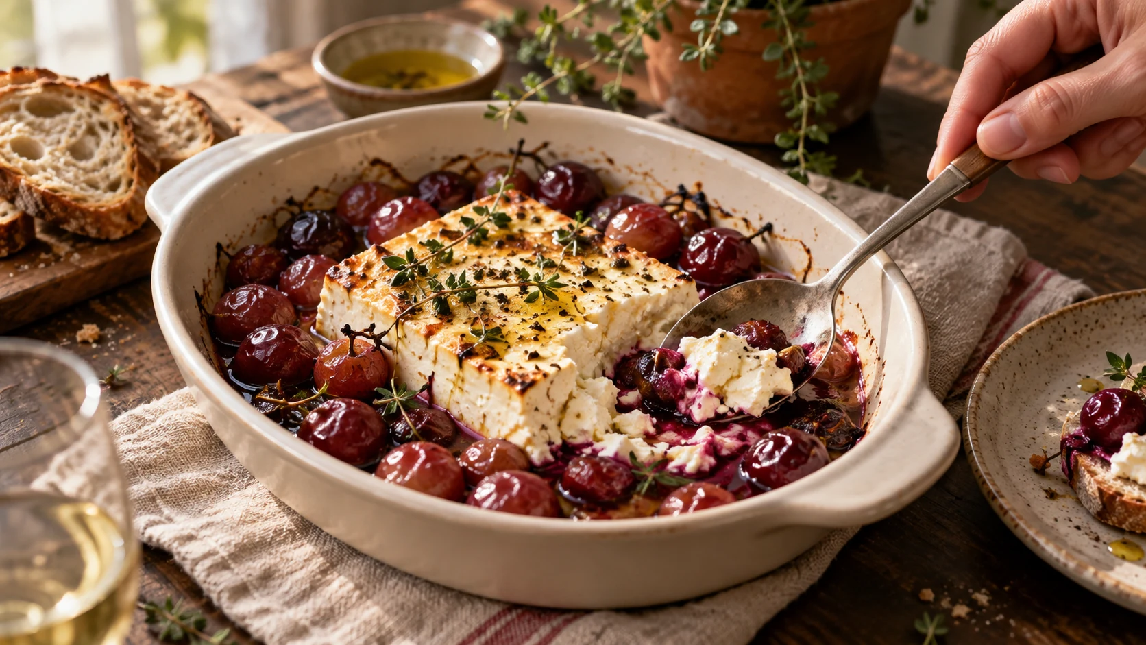 Gebackener Feta mit gerösteten Trauben wird mit einem Löffel serviert