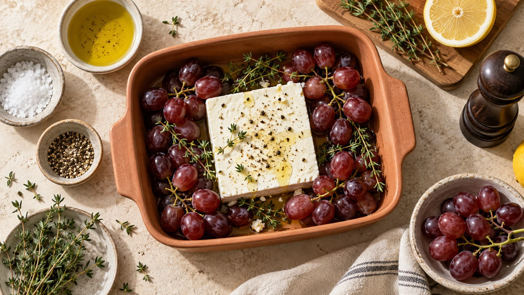 Feta und rote Weintrauben mit Thymian, Zitrone und Olivenöl vor dem Backen