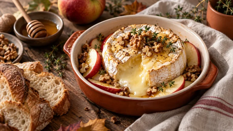 Gebackener Camembert mit geschmolzenem Kern, Apfel und Walnüssen