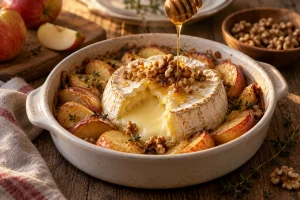 Geschmolzener Camembert mit Apfel und Honig nach dem Backen