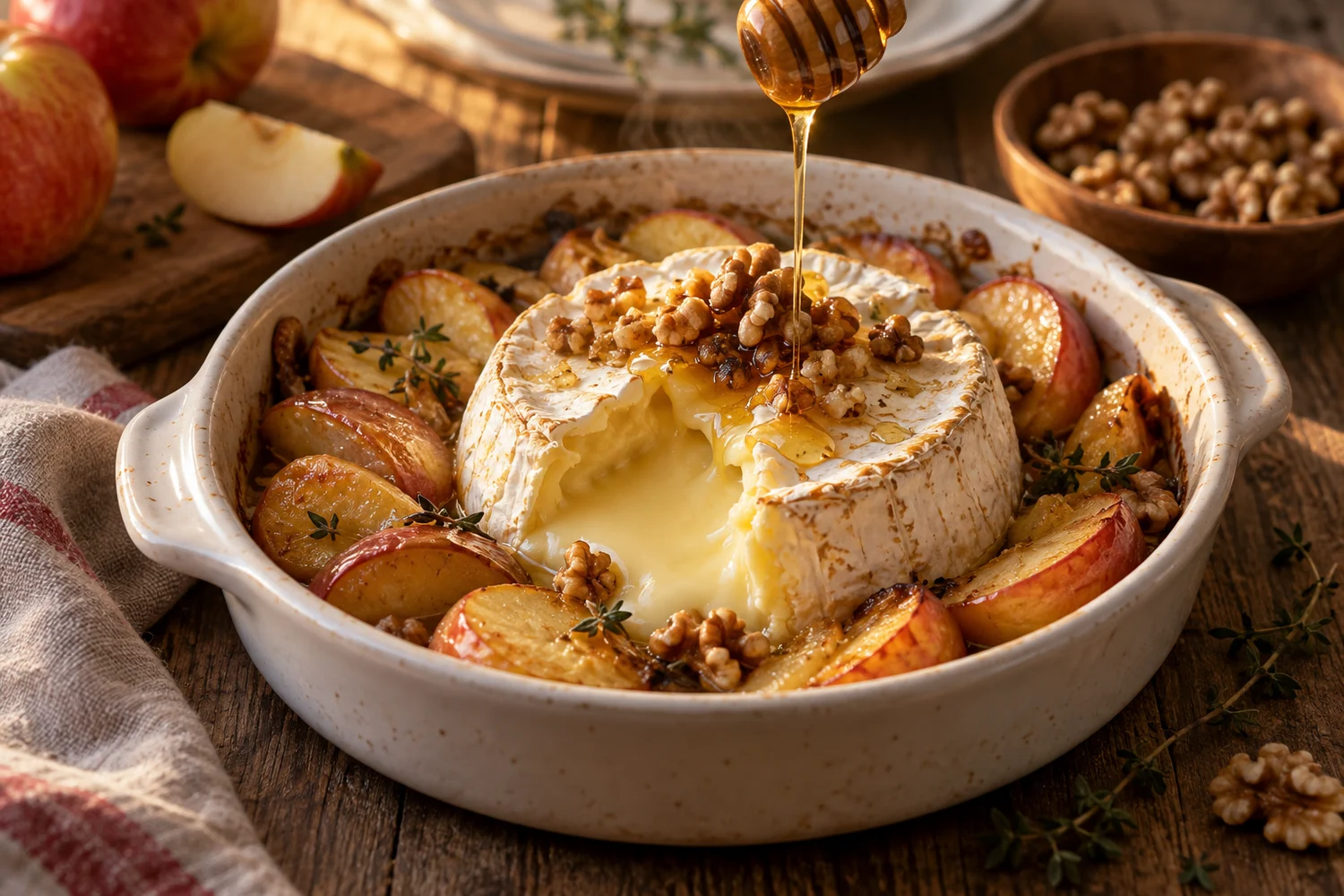 Geschmolzener Camembert mit Apfel und Honig nach dem Backen