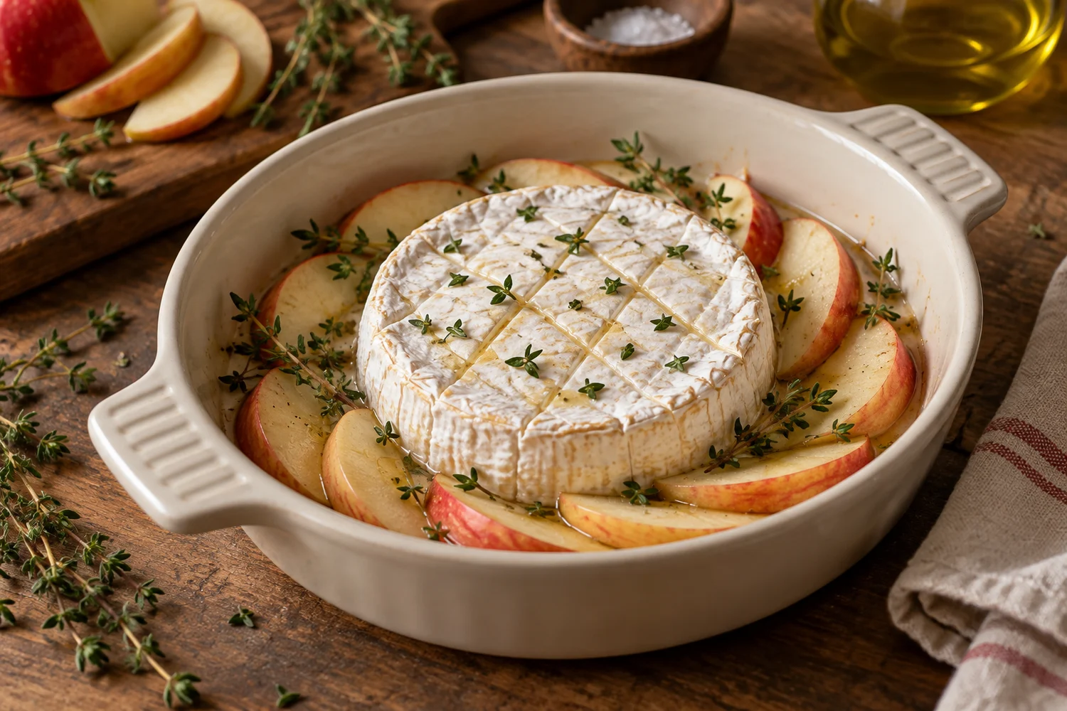Camembert mit Apfelscheiben in einer ofenfesten Form vor dem Backen