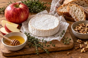 Camembert, roter Apfel, Honig, Thymian und Walnüsse