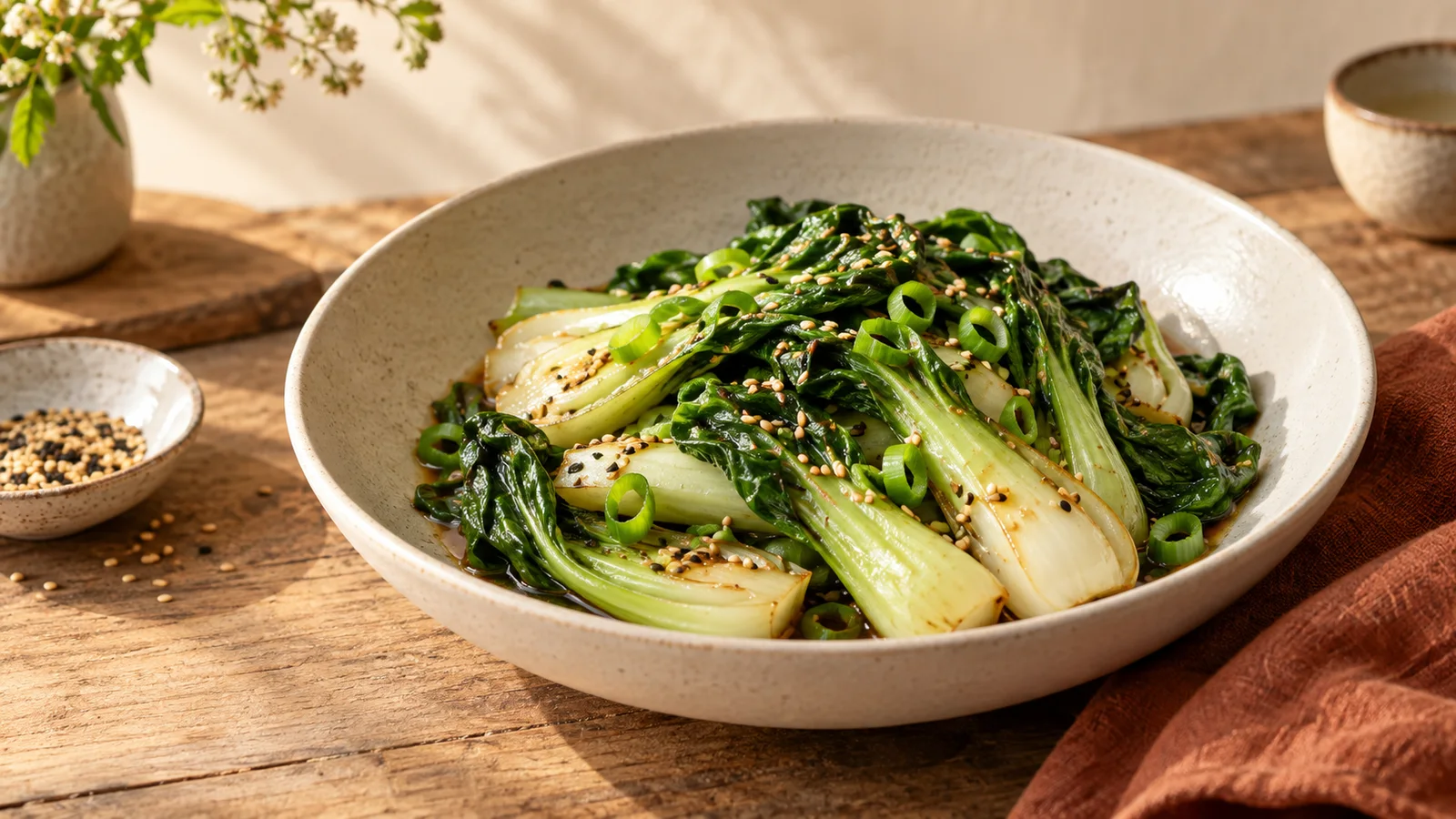 Gebratener Pak Choi mit Ingwer, Sesam und Frühlingszwiebeln in einer hellen Schale