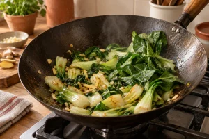 Pak Choi mit Ingwer und Knoblauch beim kurzen Braten im heißen Wok