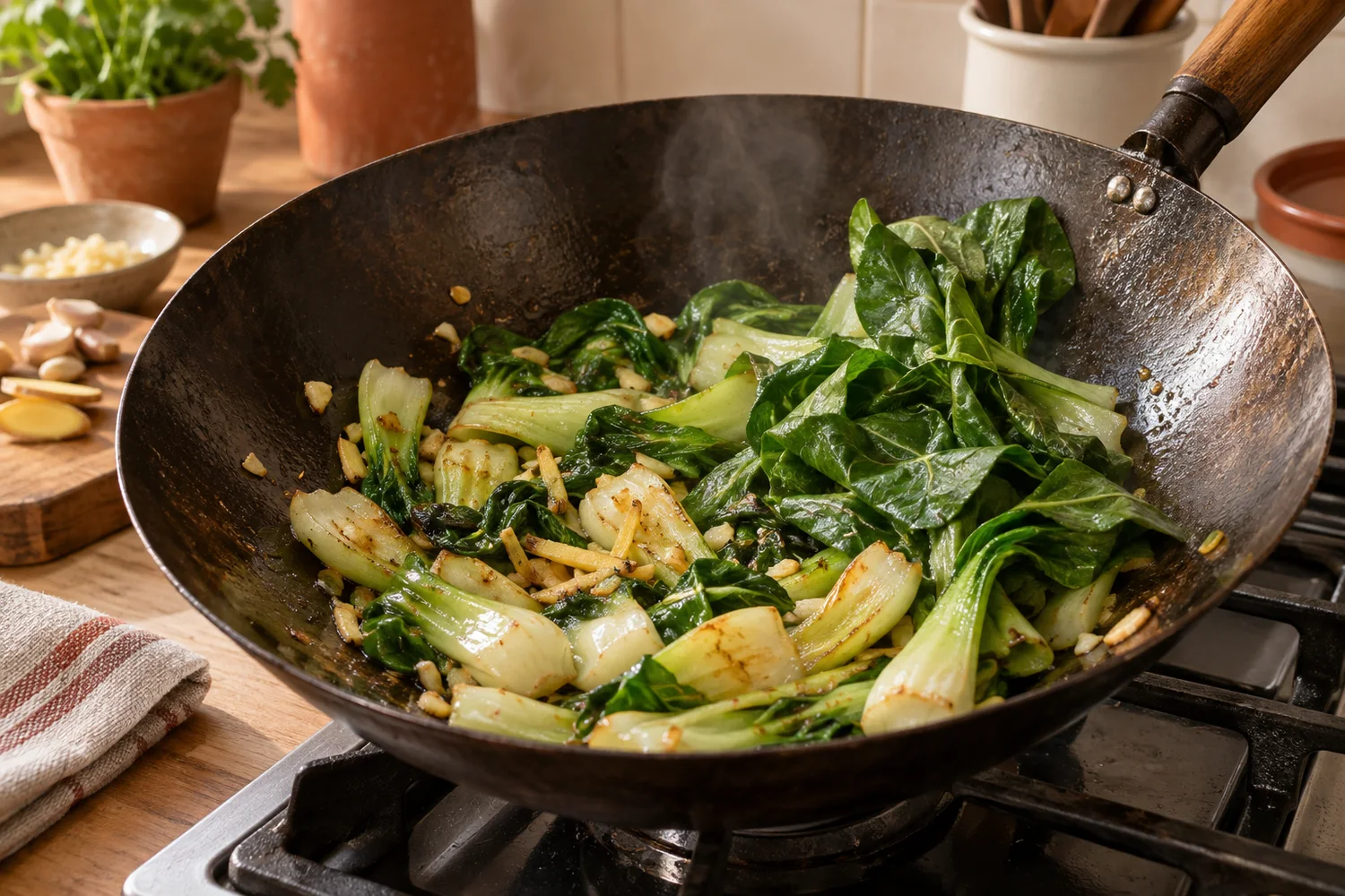 Pak Choi mit Ingwer und Knoblauch beim kurzen Braten im heißen Wok
