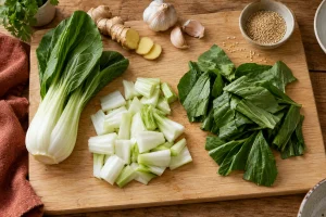 Pak-Choi-Stiele und grüne Blätter getrennt auf einem Holzbrett vorbereitet