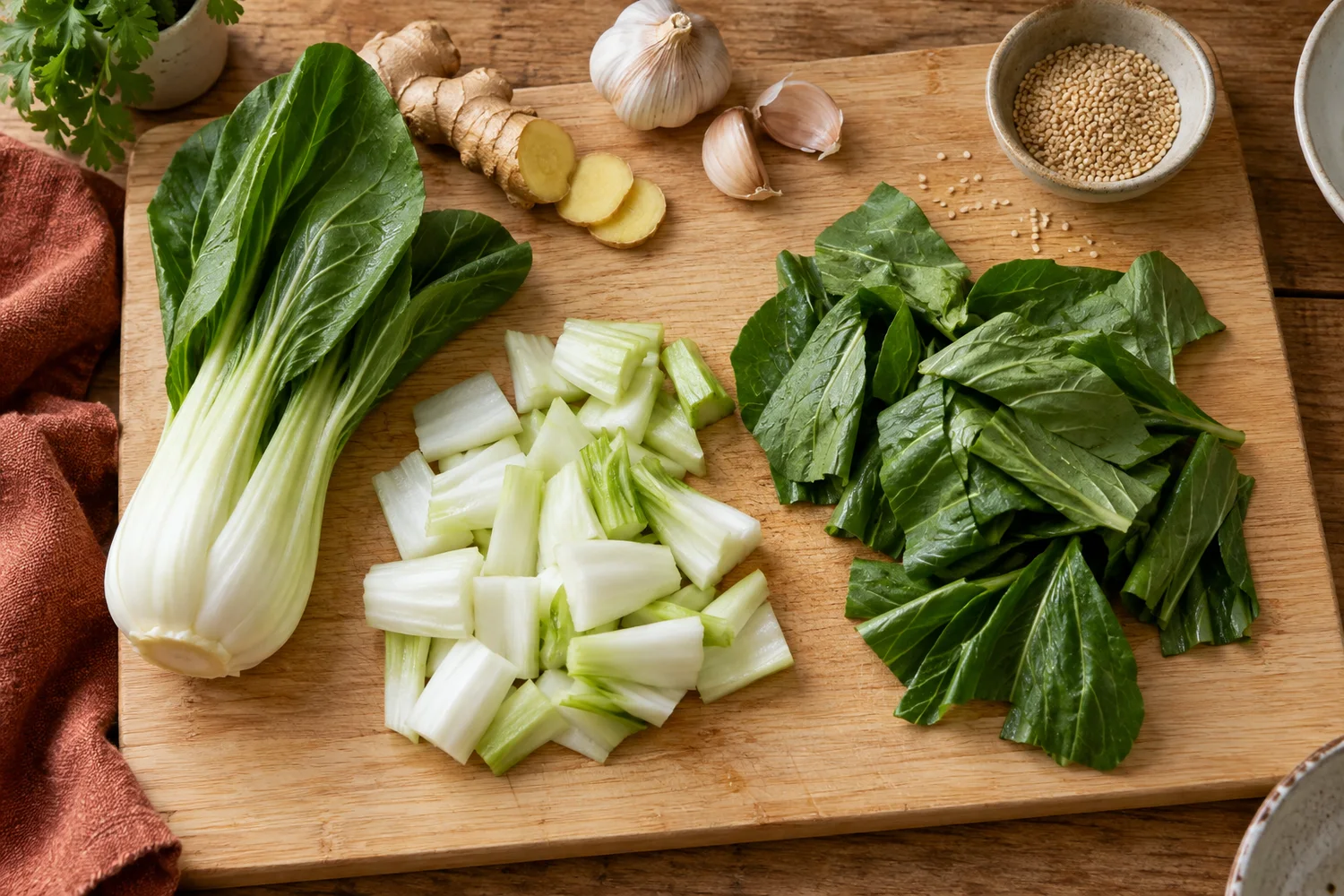Pak-Choi-Stiele und grüne Blätter getrennt auf einem Holzbrett vorbereitet