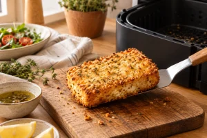 Goldbrauner panierter Feta nach dem Backen im Airfryer