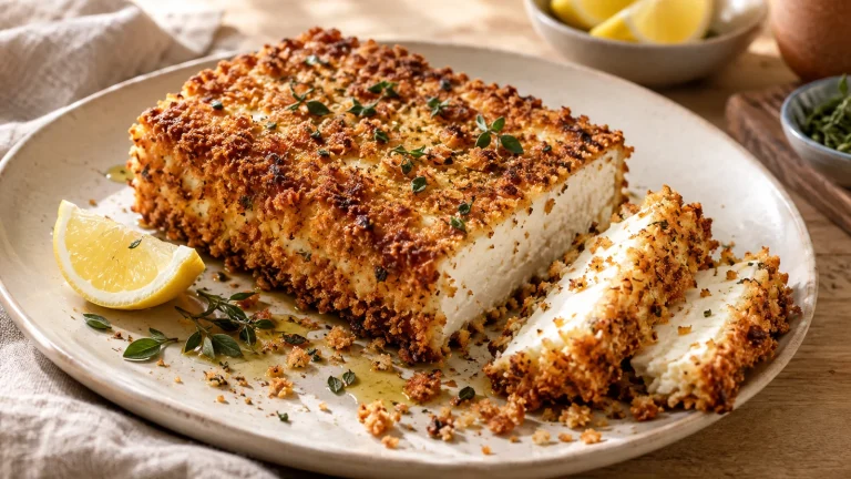 Panierter Feta aus dem Airfryer als goldbrauner Block mit weichem Inneren