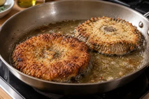 Panierte Parasol-Hüte braten mit goldbrauner Oberfläche in einer Pfanne