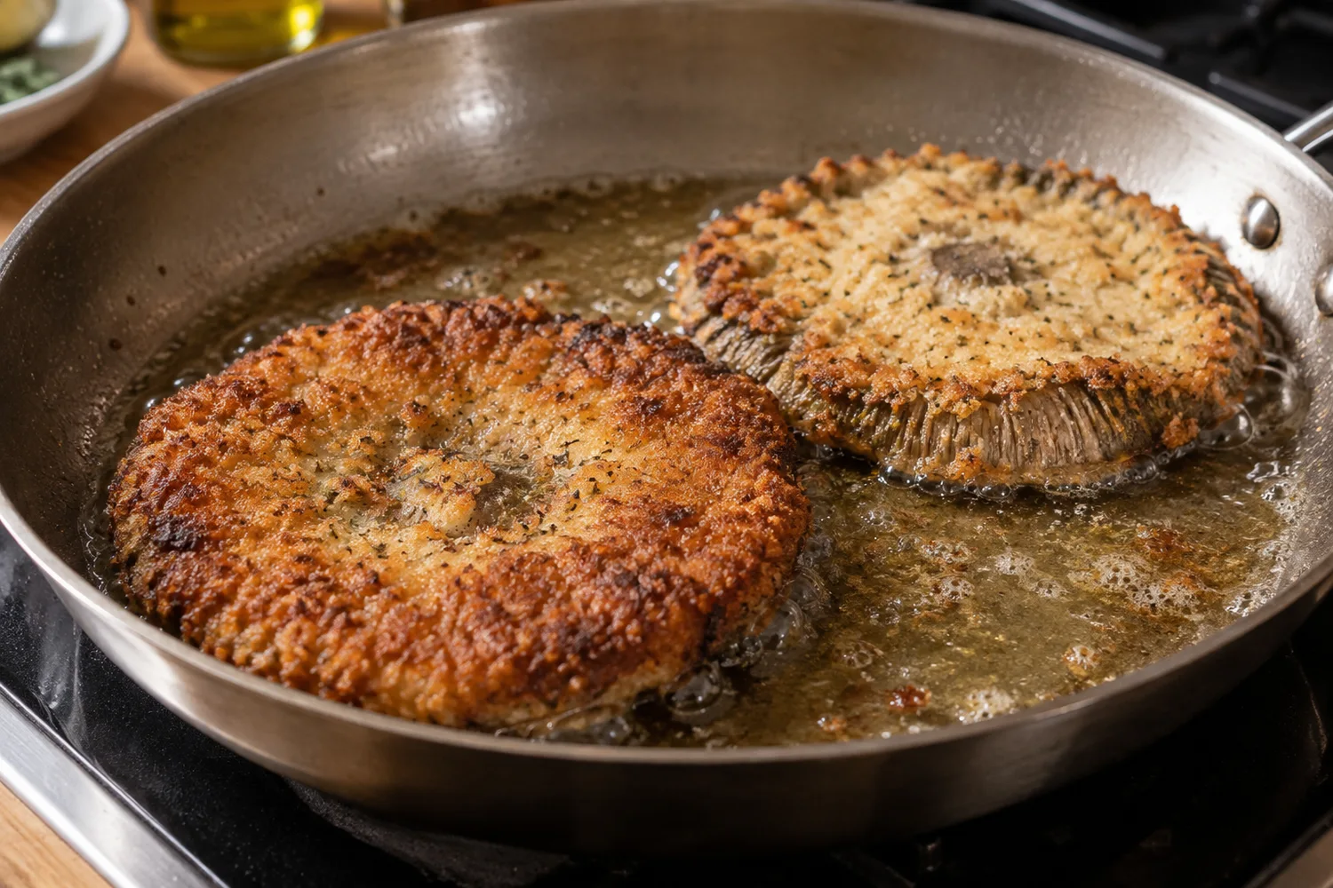 Panierte Parasol-Hüte braten mit goldbrauner Oberfläche in einer Pfanne