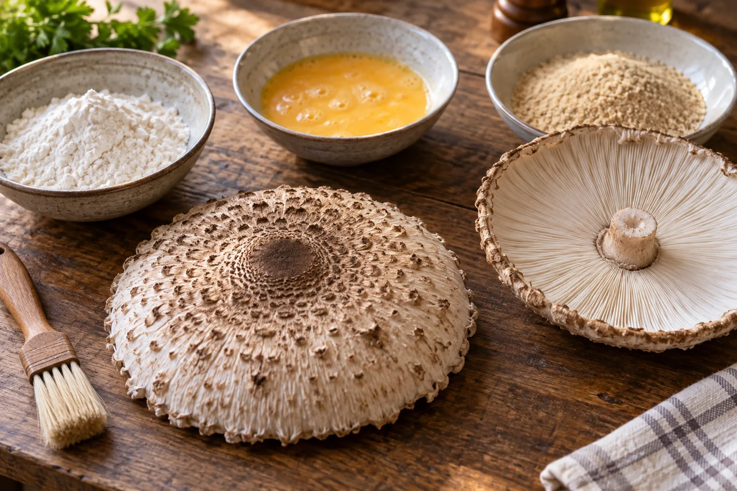 Gereinigte Parasol-Hüte neben Mehl, Ei und Semmelbröseln