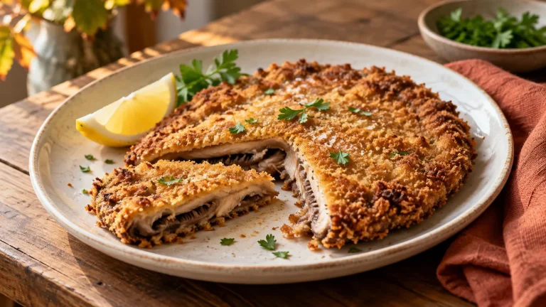 Goldbraun paniertes Parasol-Schnitzel mit Zitronenspalte auf einem Teller