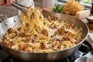 Tagliatelle und gebratene Krause Glucke werden in cremiger Sauce geschwenkt