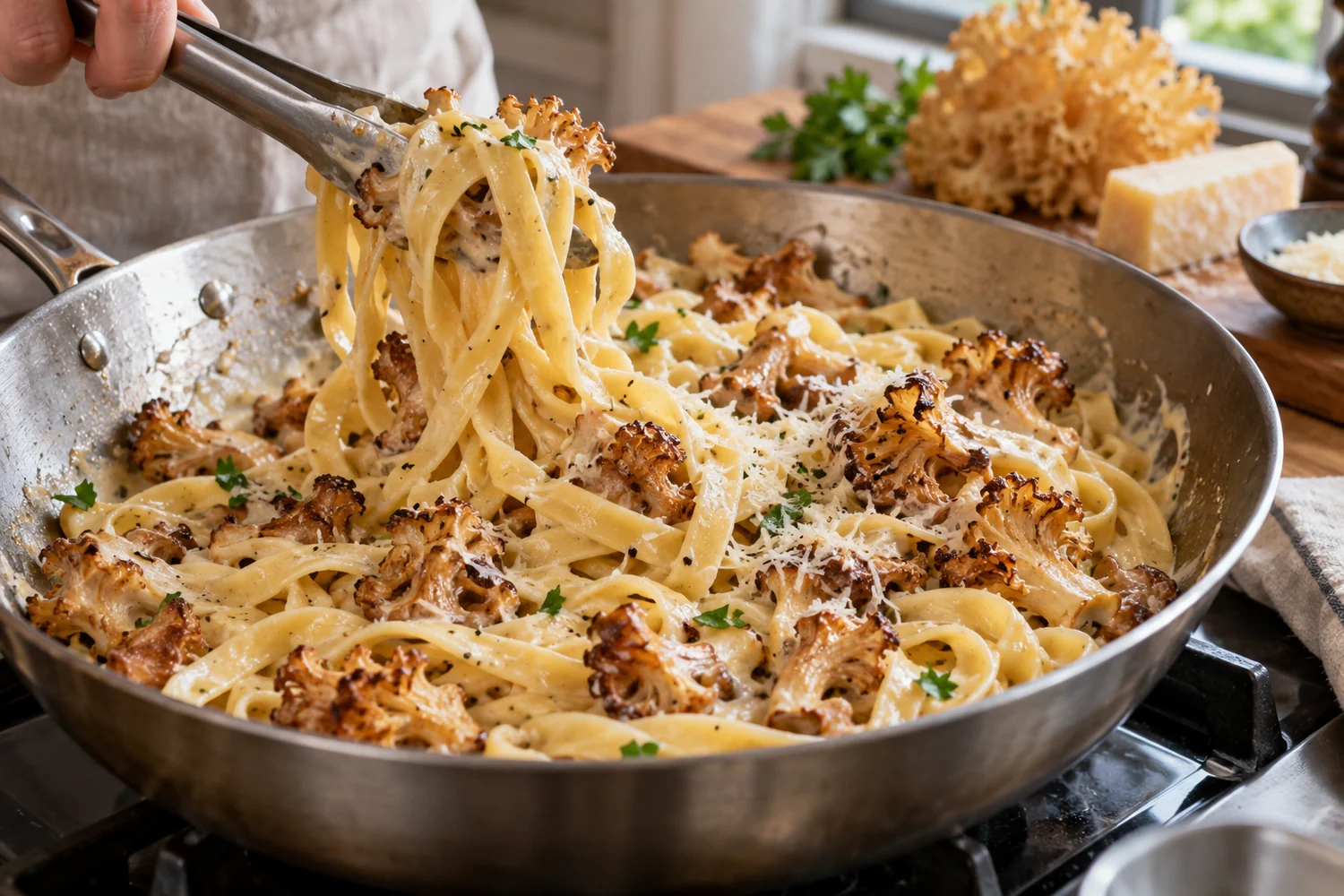 Tagliatelle und gebratene Krause Glucke werden in cremiger Sauce geschwenkt