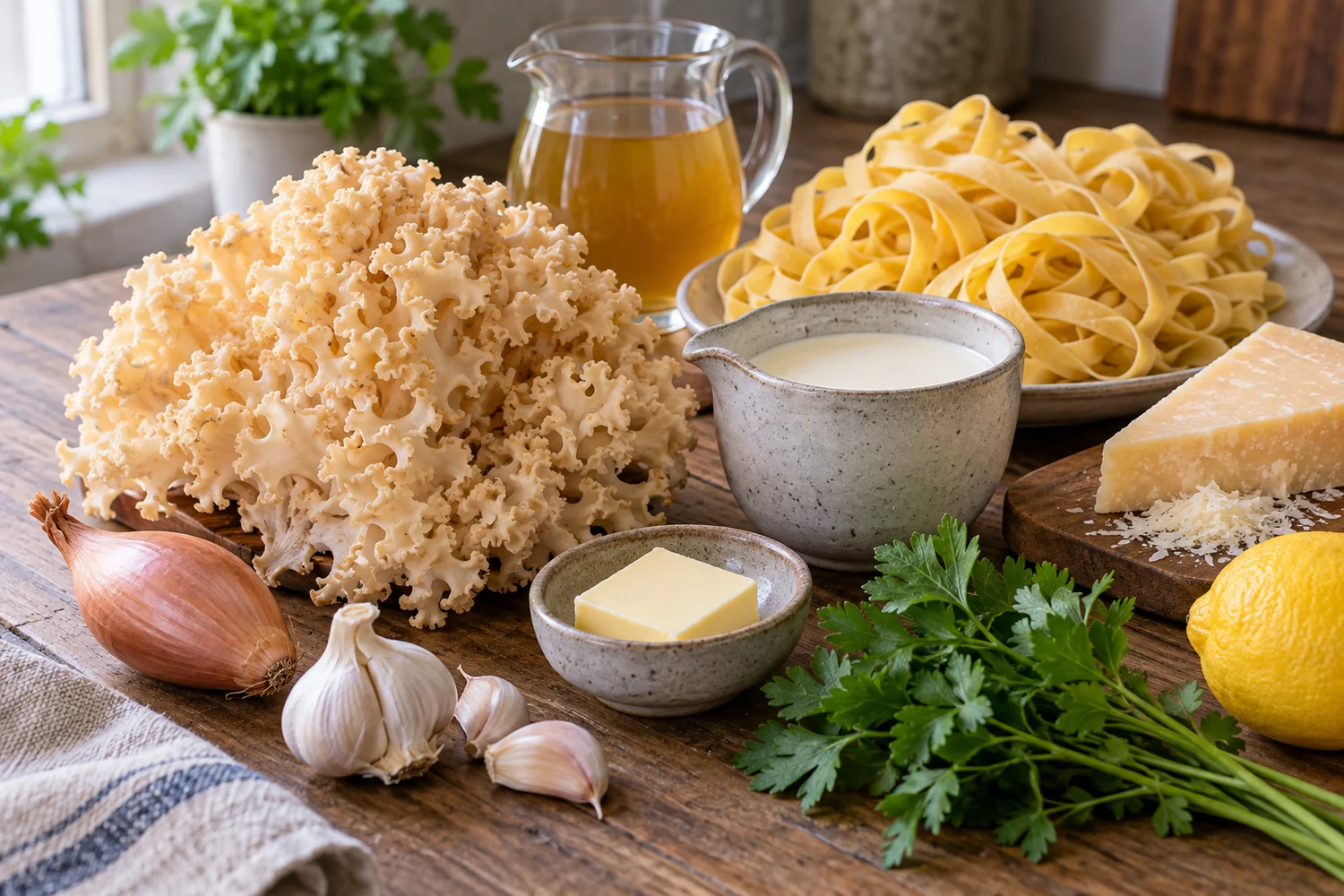Krause Glucke mit Tagliatelle, Schalotte, Knoblauch, Sahne, Parmesan und Petersilie