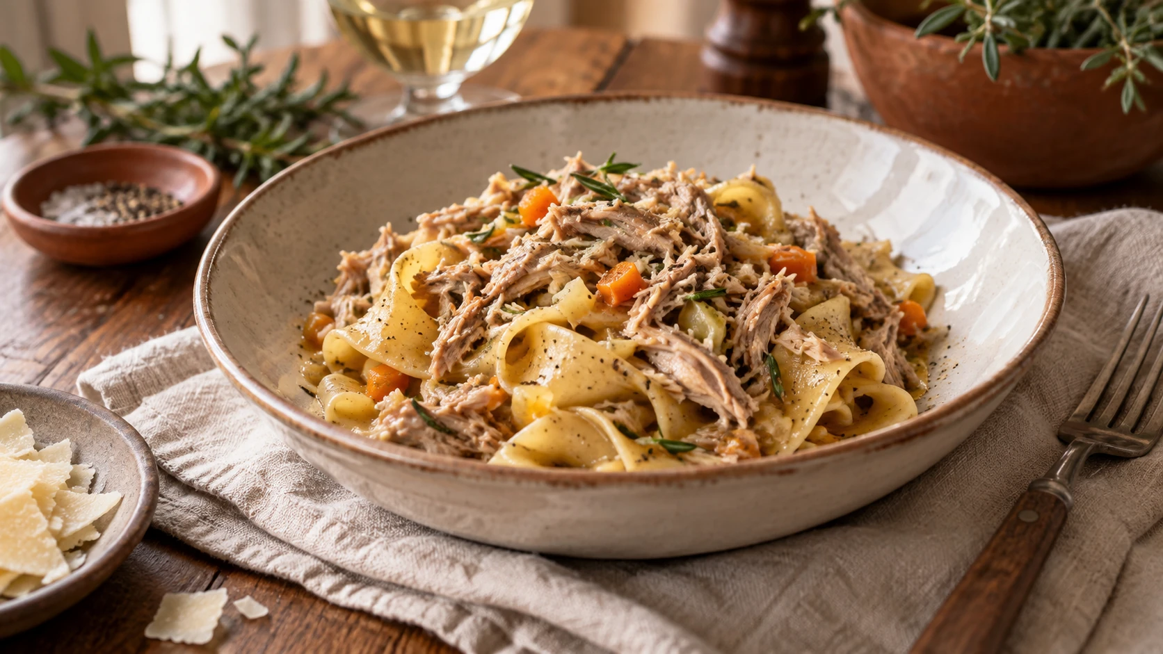 Pappardelle mit langsam geschmortem Kaninchenragù, Gemüse und Rosmarin