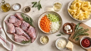 Kaninchenstücke, Suppengemüse, Kräuter und Pappardelle für das Ragù vorbereitet