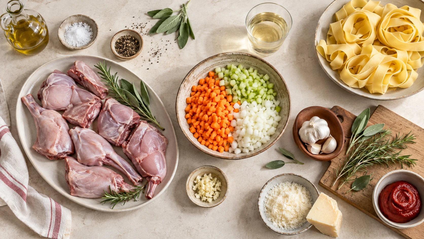 Kaninchenstücke, Suppengemüse, Kräuter und Pappardelle für das Ragù vorbereitet