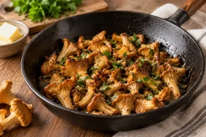 Gebräunte Pfifferlinge mit Butter und Petersilie in der Pfanne
