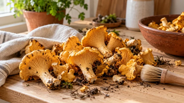 Goldgelbe frische Pfifferlinge mit etwas Sand auf sauberer Küchenarbeitsfläche