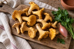 Geputzte Pfifferlinge mit Schalotte und Petersilie auf einem Holzbrett