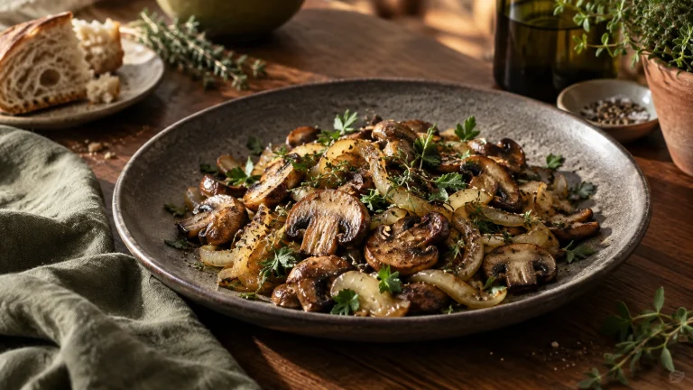 Gebratene Pilze mit Zwiebeln und Kräutern auf dunklem Teller