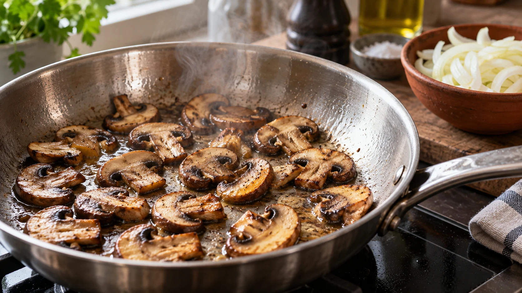 Champignons mit Röstaromen in einer heißen Pfanne