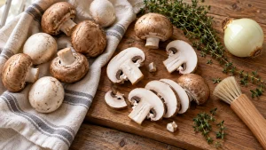 Trocken gereinigte Champignons mit Zwiebel und Thymian vorbereitet