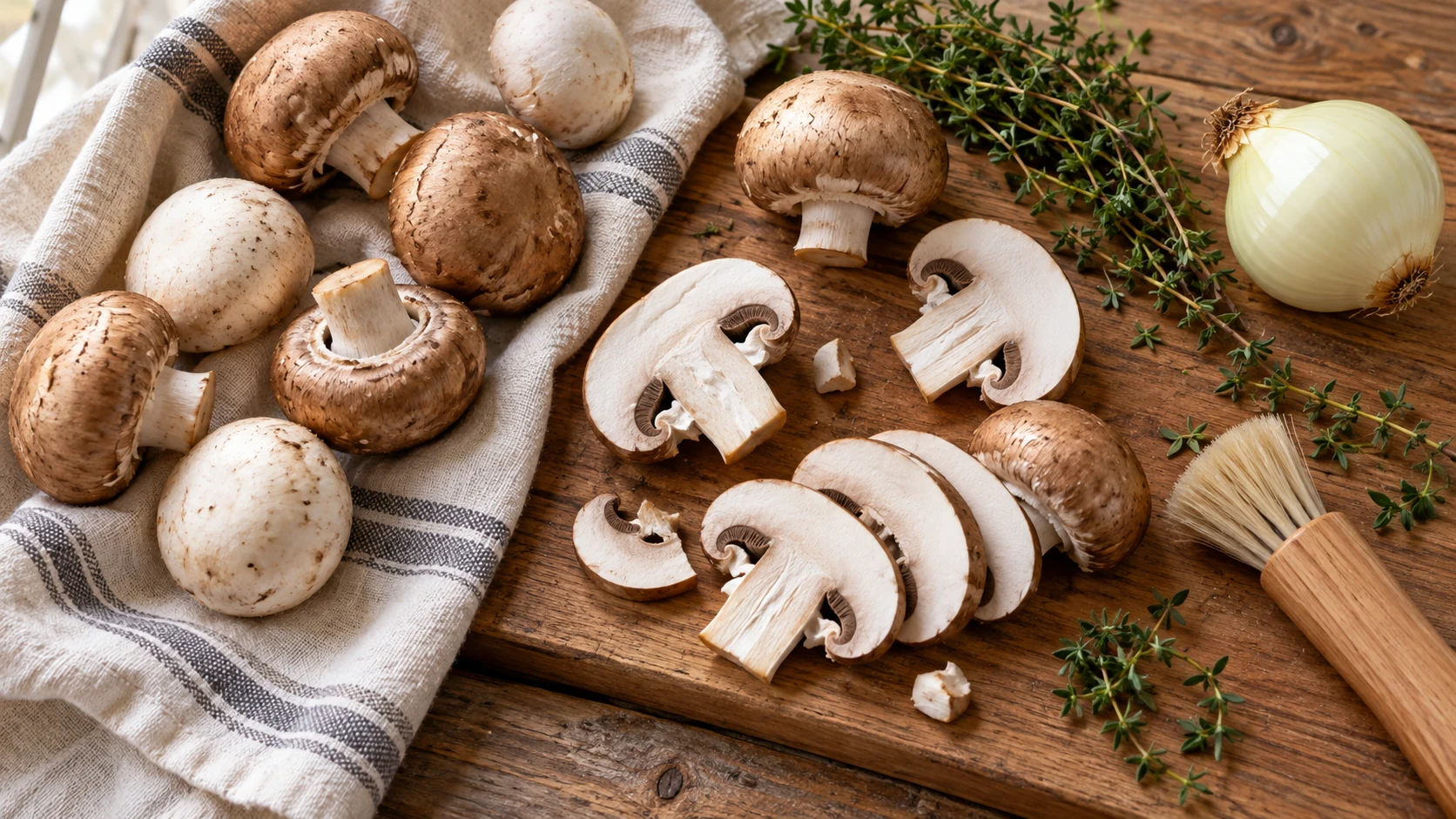Trocken gereinigte Champignons mit Zwiebel und Thymian vorbereitet
