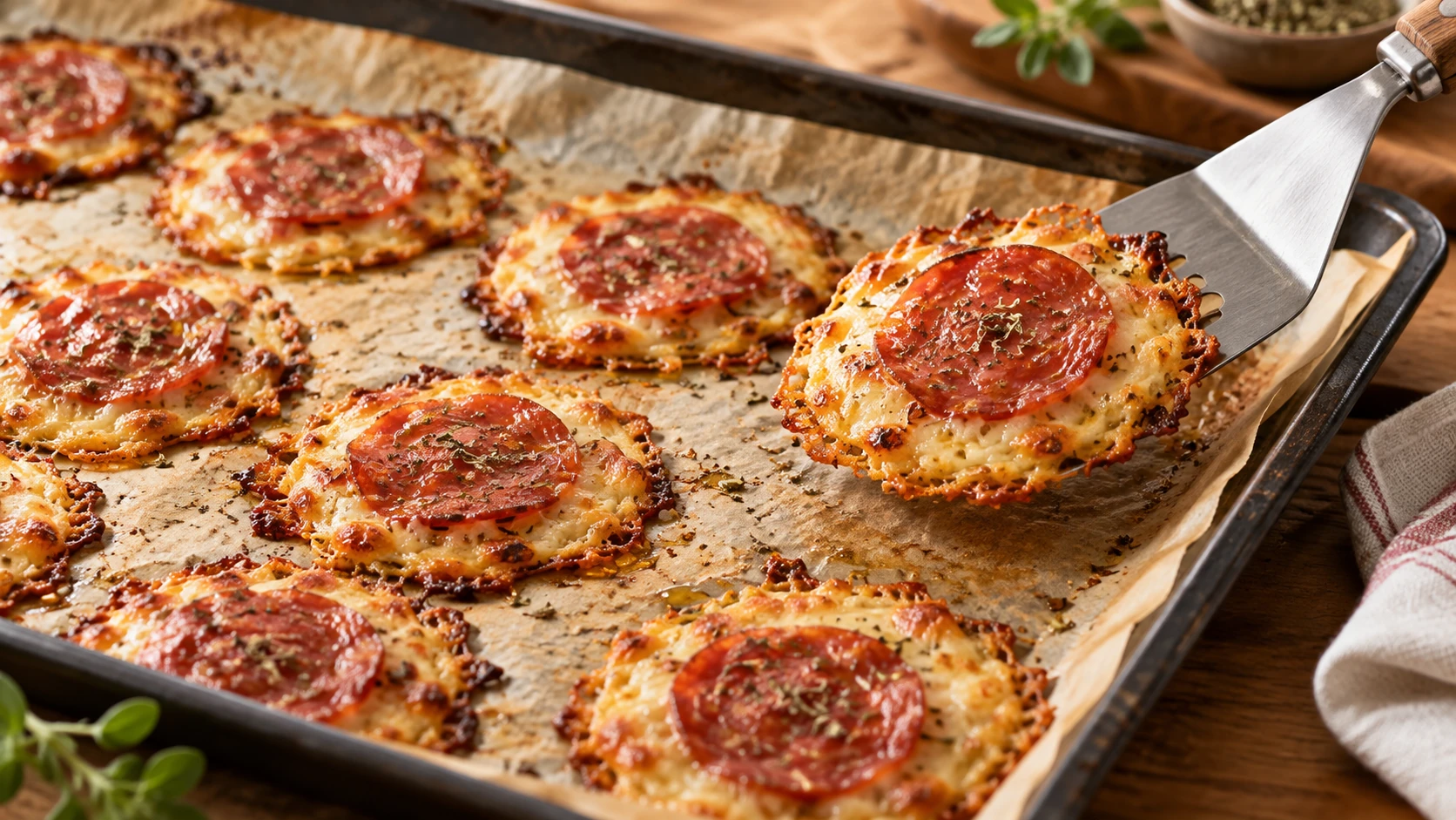 Goldbraune Pizza-Chips werden nach dem Backen vom Blech gelöst