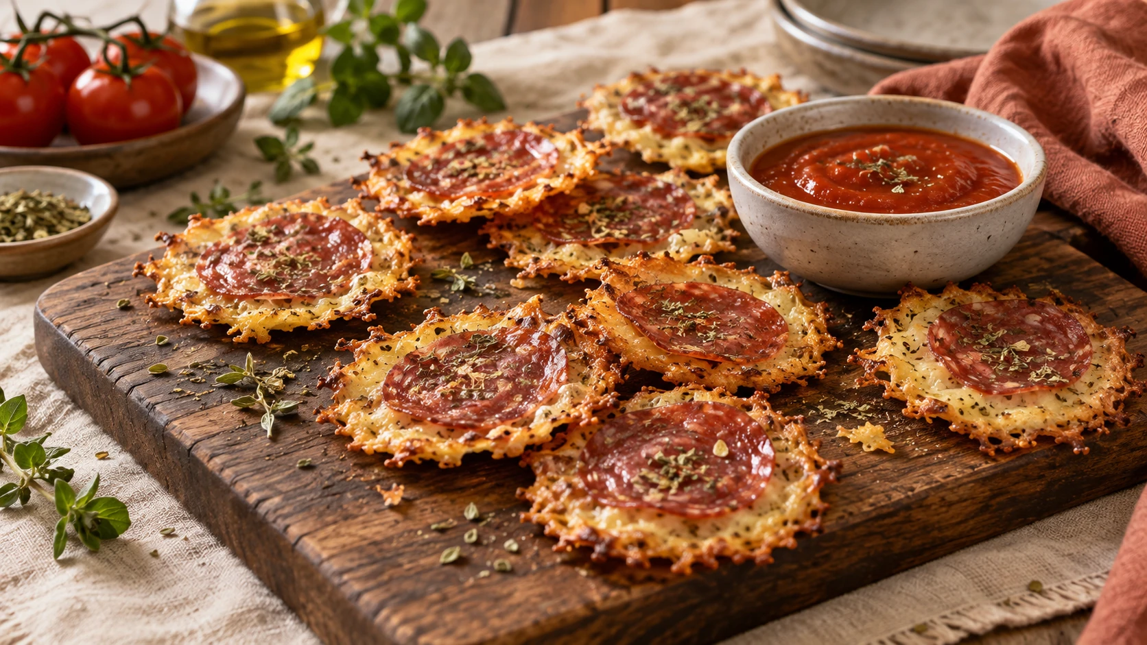 Pizza-Chips aus Käse und Salami mit würzigem Tomaten-Dip