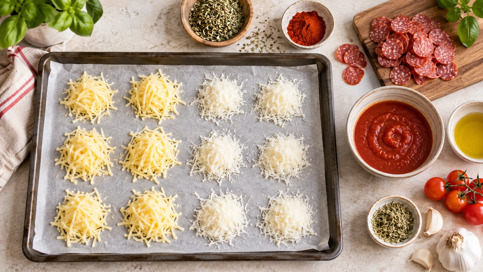 Geriebener Käse, Salami und Gewürze für Pizza-Chips auf dem Backblech