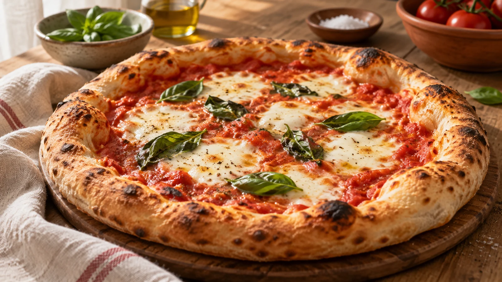 Gebackene Pizza mit luftigem, gebräuntem Rand, Tomatensauce, Mozzarella und Basilikum