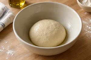 Kompakte glatte Pizzateigkugel in einer hellen Schüssel nach dem Kneten