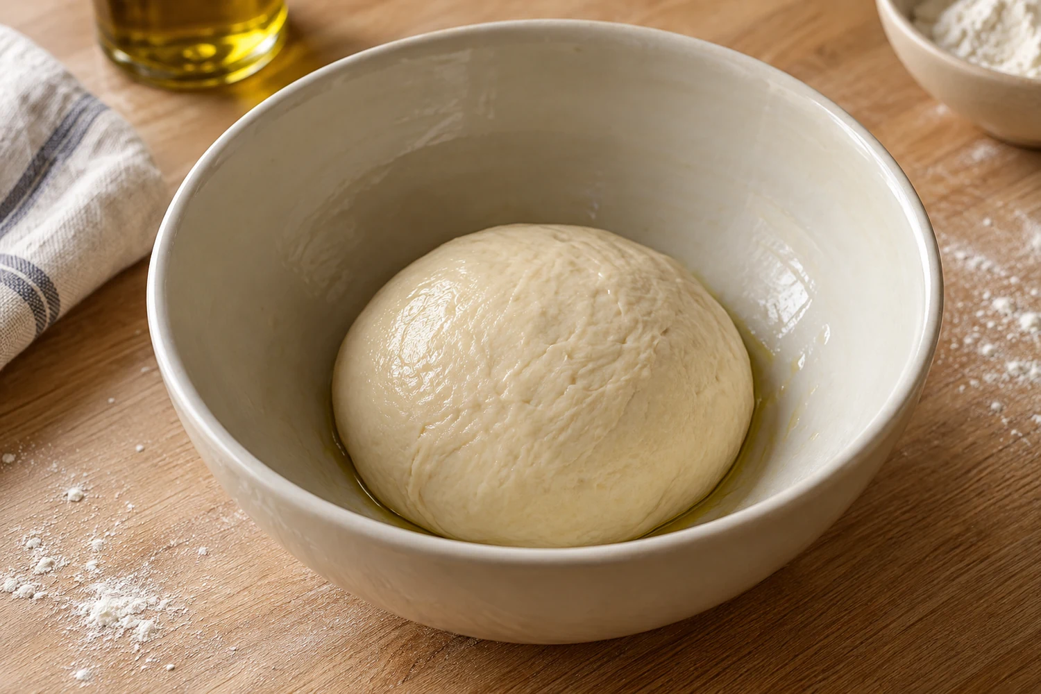 Kompakte glatte Pizzateigkugel in einer hellen Schüssel nach dem Kneten
