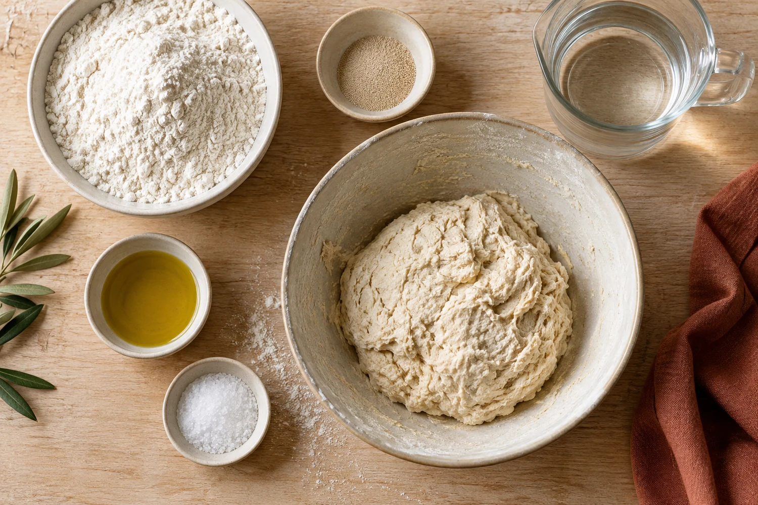 Mehl, Trockenhefe, Wasser, Salz und Olivenöl neben frisch gemischtem Pizzateig