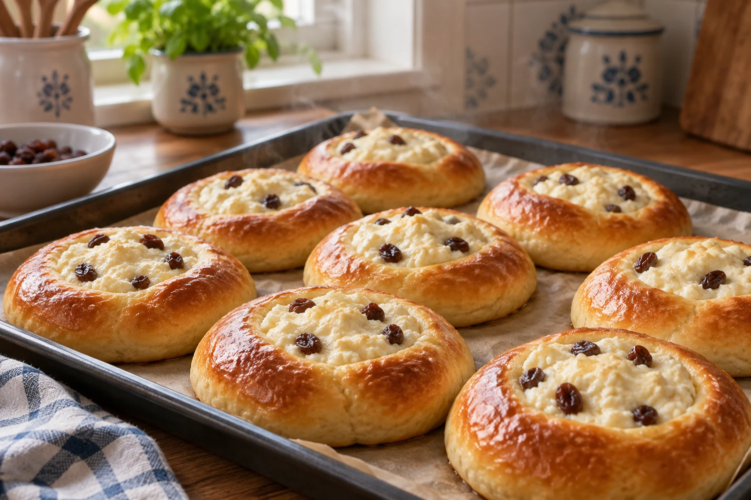 Frisch gebackene polnische Hefeteilchen mit Quark und Rosinen auf dem Blech
