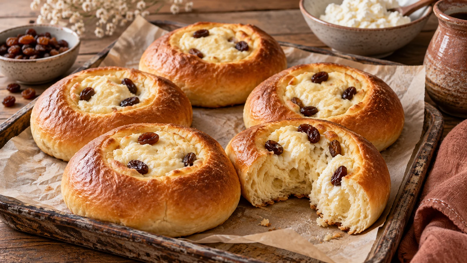 Polnische Kołacze mit Quark-Rosinen-Füllung und lockerer Krume