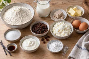 Mehl, Hefe, Milch, Butter, Eier, Quark und Rosinen für Kołacze