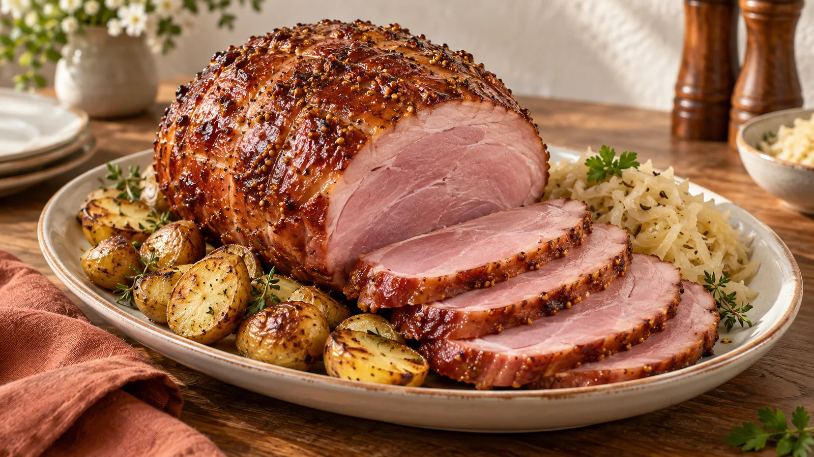 Prager Schinken mit Senfglasur, aufgeschnitten mit Kartoffeln und Sauerkraut